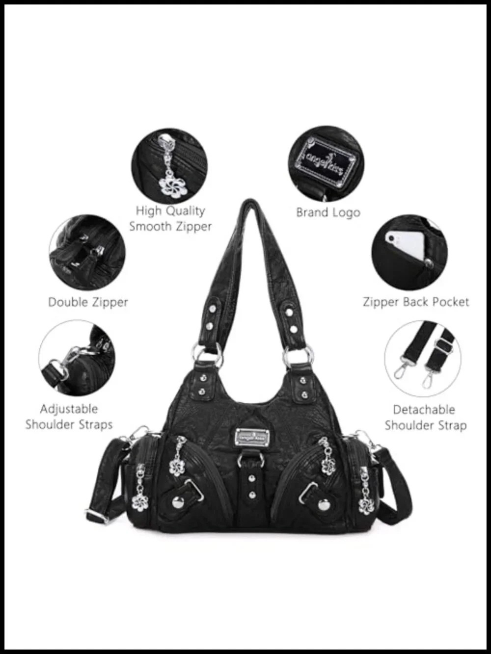 Small Vegan Leather Hobo Shoulder Bag Multi-Pocket Tote with Zipper